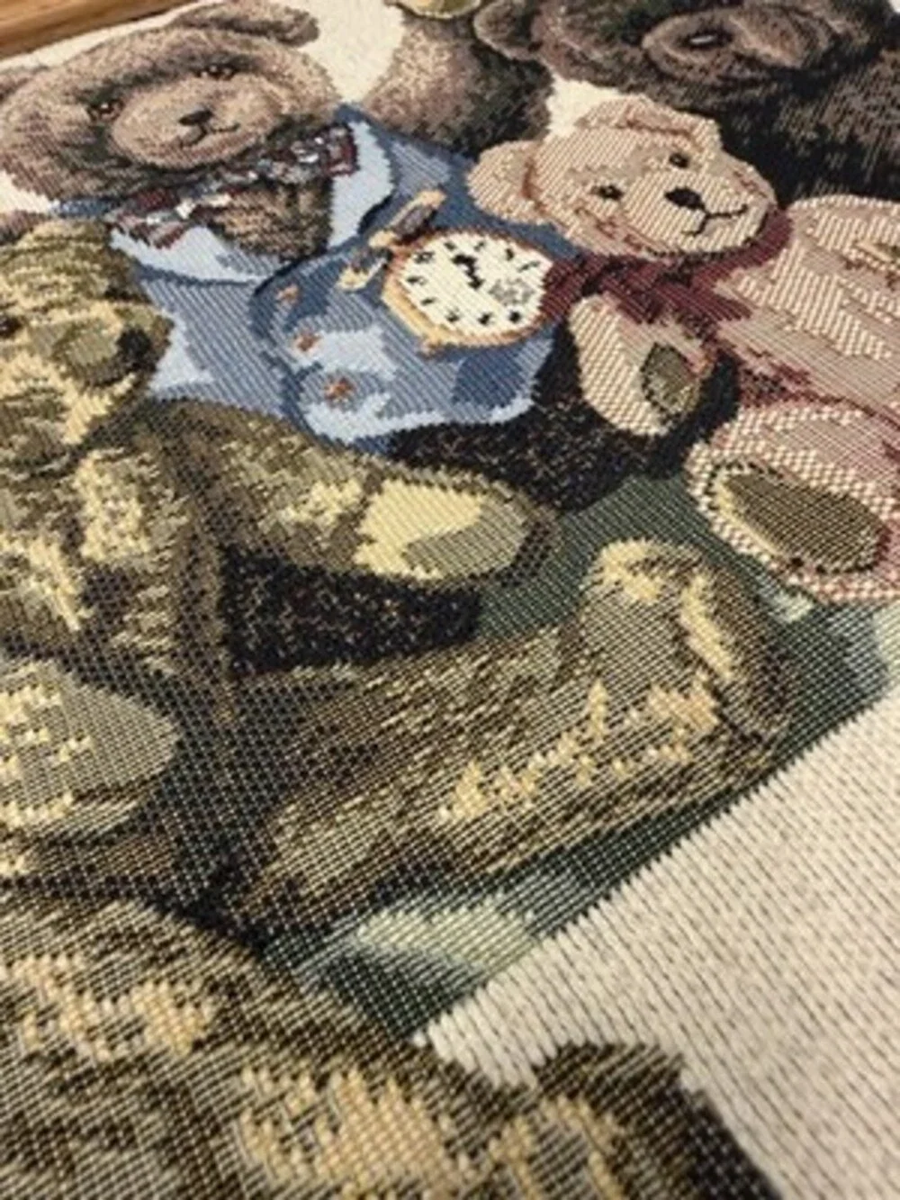 Vintage 90s Dakotah Woven Tapestry Textile Teddy Bears Handmade Oak Frame 36x16